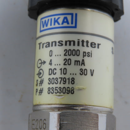 WIKA 8353098 S-10 Pressure Transmitter 0-2000 PSI 4-20mA 10-30VDC 1/2" NPT