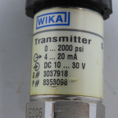 WIKA 8353098 S-10 Pressure Transmitter 0-2000 PSI 4-20mA 10-30VDC 1/2" NPT