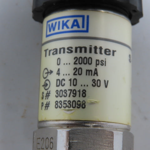 WIKA 8353098 S-10 Pressure Transmitter 0-2000 PSI 4-20mA 10-30VDC 1/2" NPT