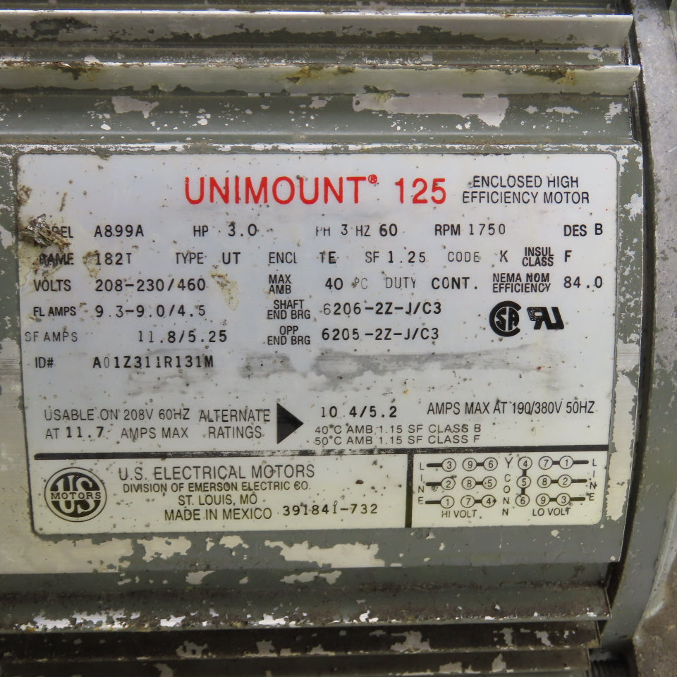 US Electrical A899A 3HP Electric Motor 208-230/460V 3PH 1750RPM 182T Tested