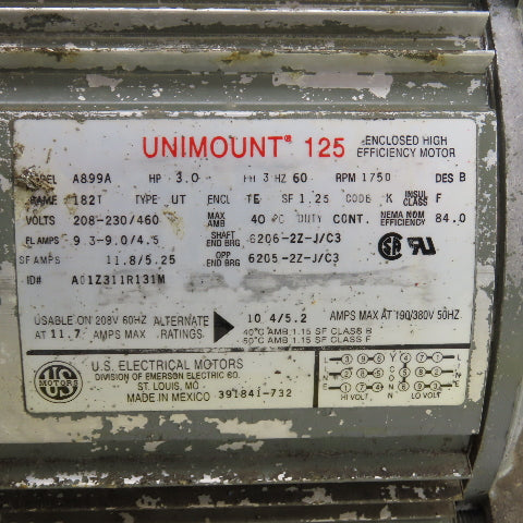 US Electrical A899A 3HP Electric Motor 208-230/460V 3PH 1750RPM 182T Tested