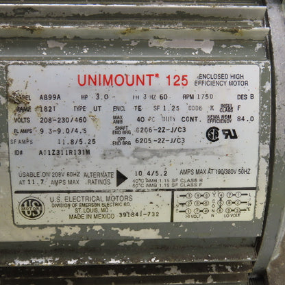 US Electrical A899A 3HP Electric Motor 208-230/460V 3PH 1750RPM 182T Tested