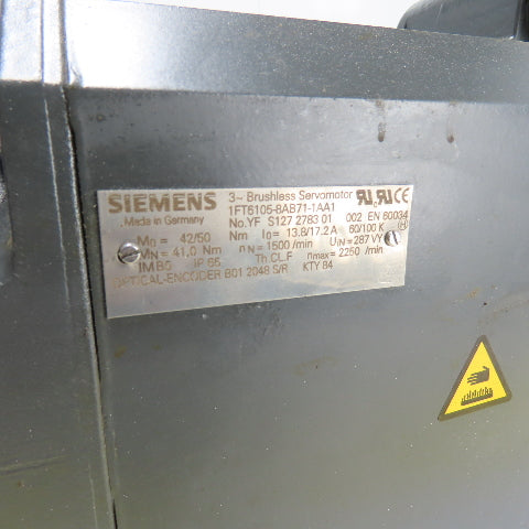Siemens 1FT6105-8AB71-1AA1 3Ph Brushless Servo Motor 287VY W/ Encoder B01 2048