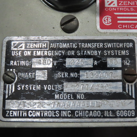 Zenith ZTS22E 225A Automatic Transfer Switch For Emergency/Standby 277/480V 3PH