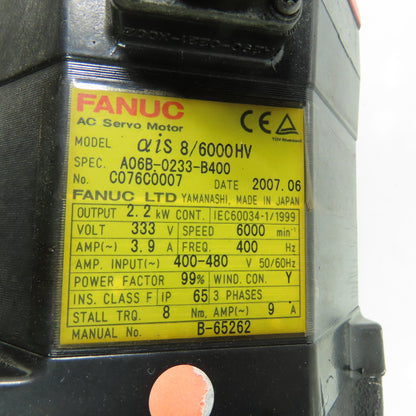 Fanuc A06B-0233-B400 2.2kw AC Servo Motor 333V 6000RPM W/ A860-2000-T301 Encoder