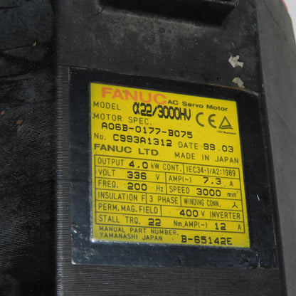 Fanuc A06B-0177-B075 4.0kw AC Servo Motor 3000RPM 336V 3Ph 7.3A