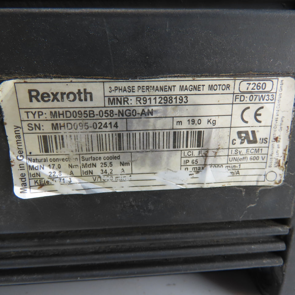 Rexroth Indramat MHD095B-058-NG0-AN Servo Motor 71.3V /1000min 6000RPM 25.5NM