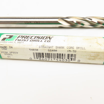 Precision Twist Drill 15/32" Straight Shank Core Drill 4 Flute Twist 7-1/2" OAL