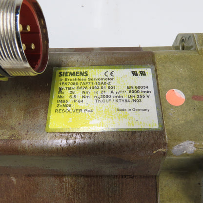 Siemens 1FK7086-7AF71-1SA0-Z 3Ph Brushless Servo Motor 28Nm 6000RPM 255V