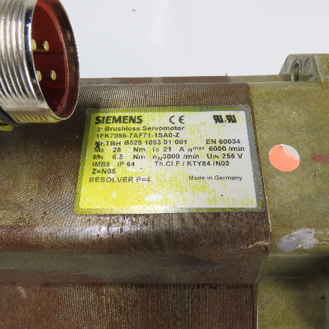 Siemens 1FK7086-7AF71-1SA0-Z 3Ph Brushless Servo Motor 28Nm 6000RPM 255V
