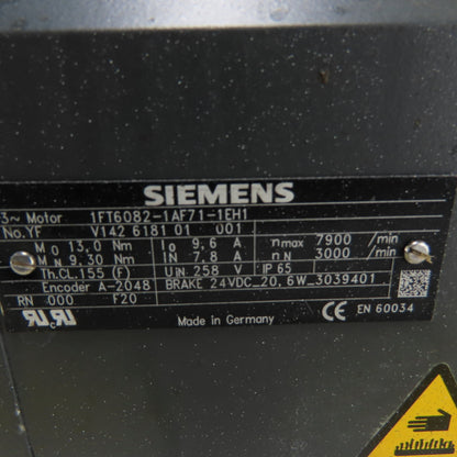 Siemmens 1FT6082-1AF71-1EH1 3Ph Servo Motor 13Nm W/ A-2048 Encoder 24VDC Brake