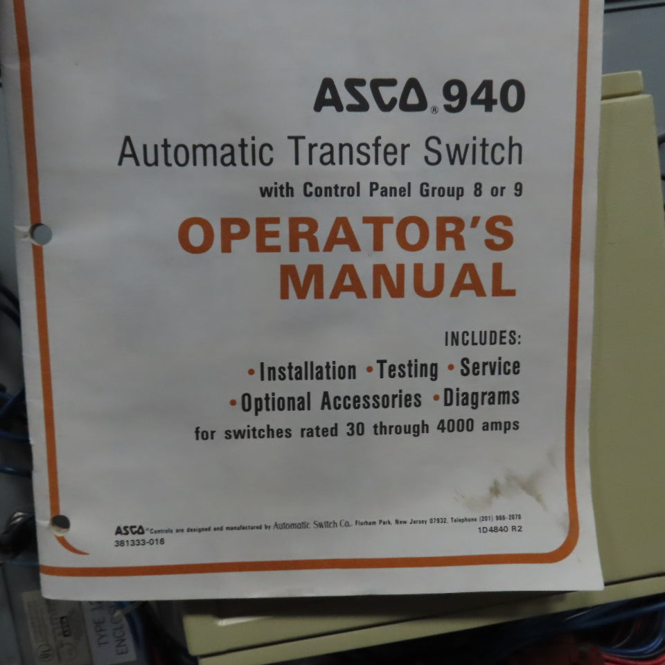 Asco C940340099XC 400A Automatic Transfer Switch 480/277V 60HZ Type 12 Enc.