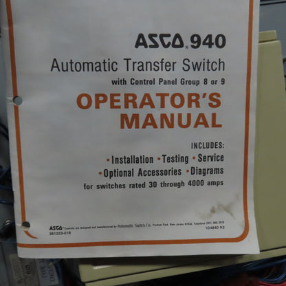 Asco C940340099XC 400A Automatic Transfer Switch 480/277V 60HZ Type 12 Enc.