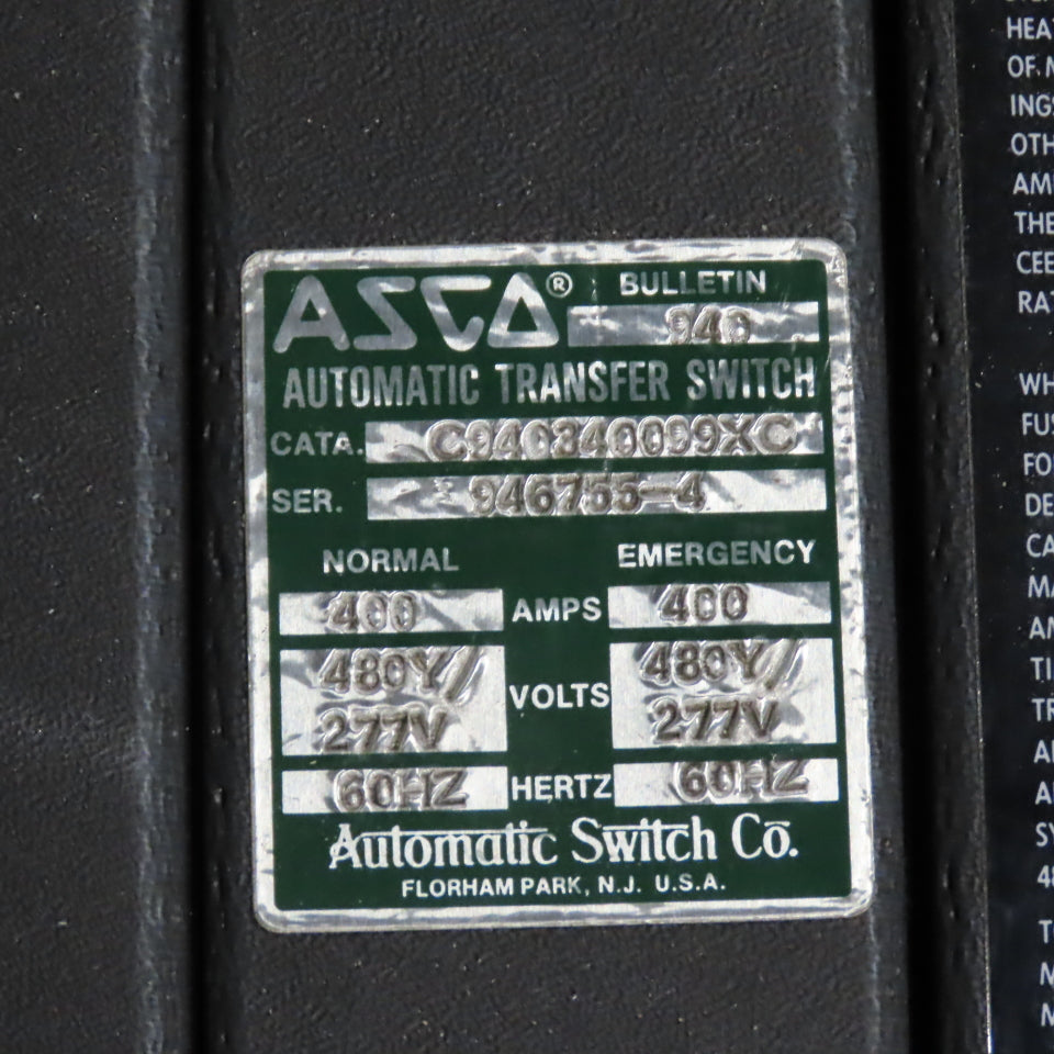 Asco C940340099XC 400A Automatic Transfer Switch 480/277V 60HZ Type 12 Enc.