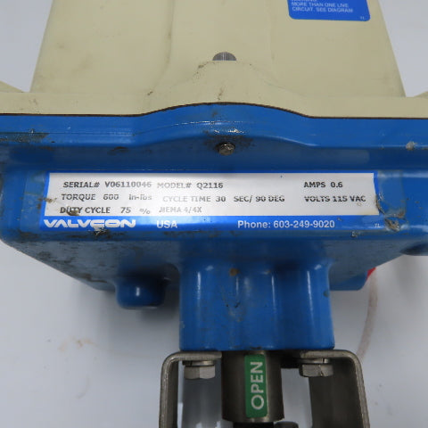 Valvcon Q2116 Actuator 115VAC Cycle Time 30Sec/90Deg 600in-lb Torque