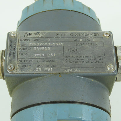 Foxboro 892-2 P/I Converter 3-15PSI Input 12.5-36VDC Supply