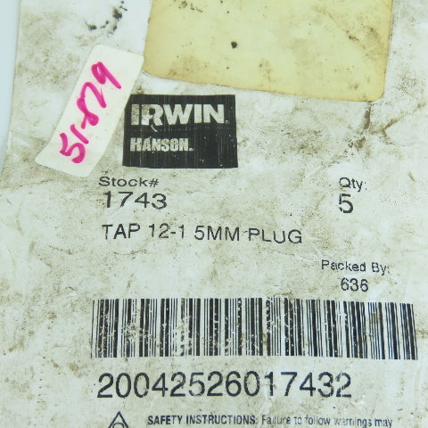 Irwin Hanson 12-1.5mm Plug Tap 4 Straight Flute 3-3/8" OAL 7mm Shank Pack Of 5
