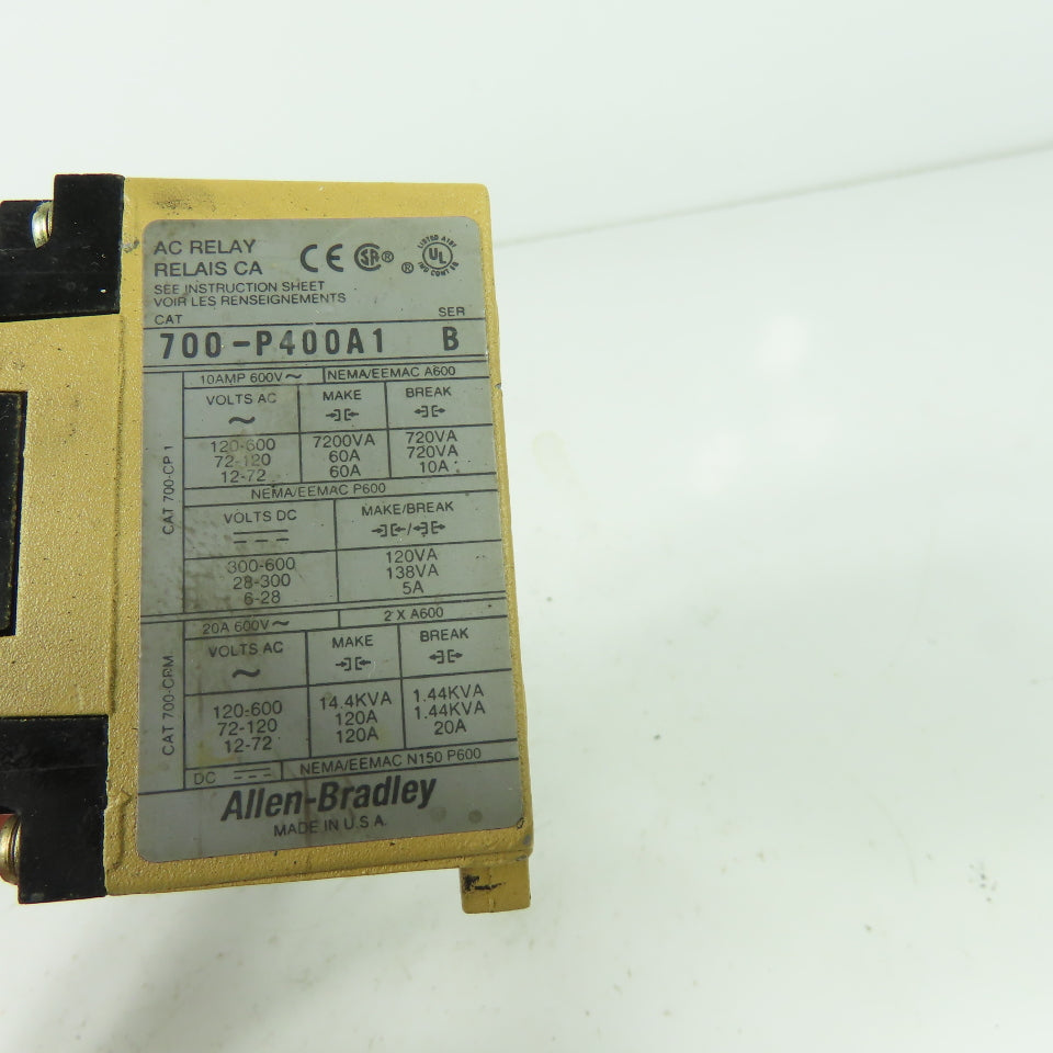 Allen Bradley 700-P400A1 Ser B AC Relay 600V 10A 120V Coil