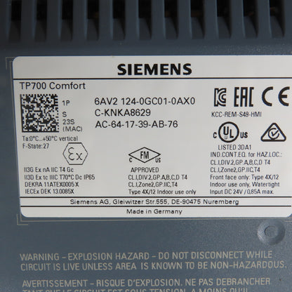 Siemens 6AV2 124-0GC01-0AX0 TP700 Comfort Simatic Touch Display Stainless Encl.