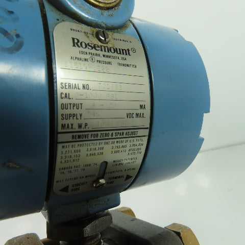 Rosemount 1151GP8E22 Pressure Transmitter 0-1000 PSIG 45VDC Max 4-20MA