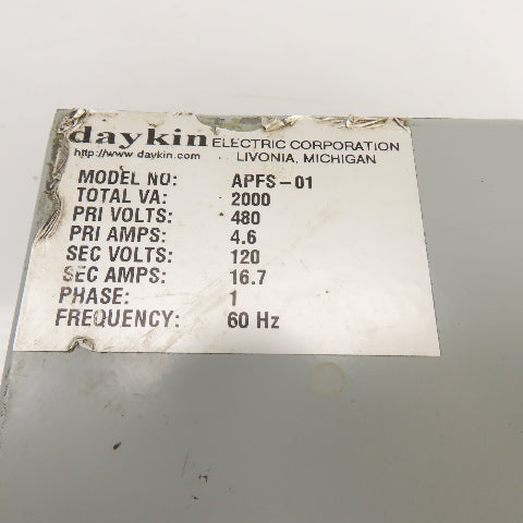 Daykin APFS-01 2000VA Enclosed Transformer Disconnect Pri 480V Sec 120V