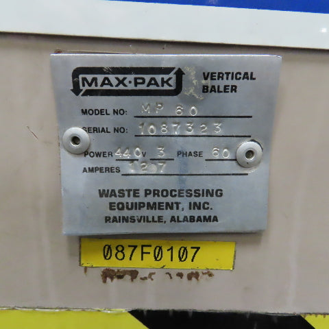 Max-Pak MP60 30 x 60" Vertical Hydraulic Cardboard Compactor Baler 10HP 480V 3PH