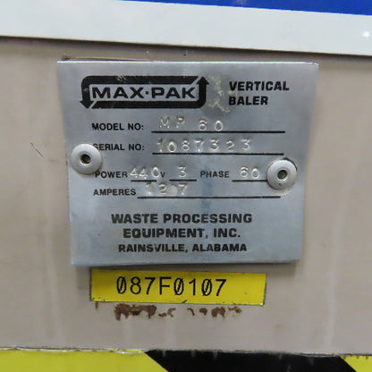 Max-Pak MP60 30 x 60" Vertical Hydraulic Cardboard Compactor Baler 10HP 480V 3PH
