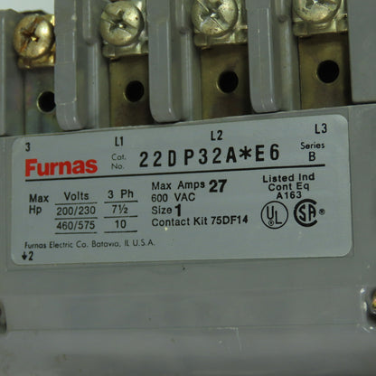 Furnas 22DP32A*E6 Ser B 600VAC Reversing Motor Starter 27A 120V Coil