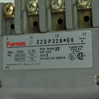 Furnas 22DP32A*E6 Ser B 600VAC Reversing Motor Starter 27A 120V Coil