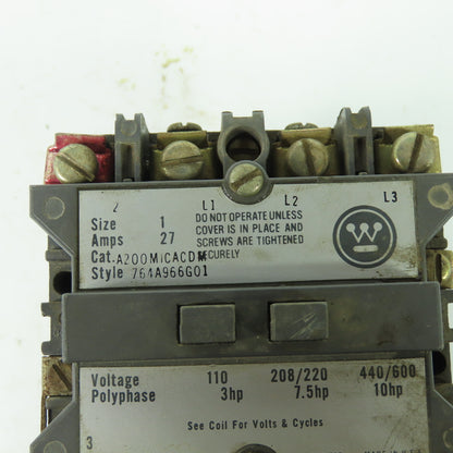 Westinhouse A200MICACD Size 1 Motor Starter 10HP 27A 120V Coil