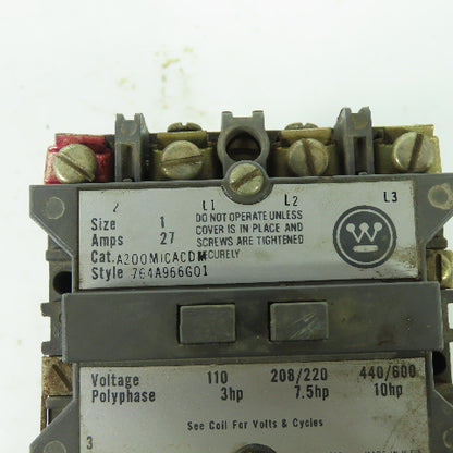 Westinhouse A200MICACD Size 1 Motor Starter 10HP 27A 120V Coil