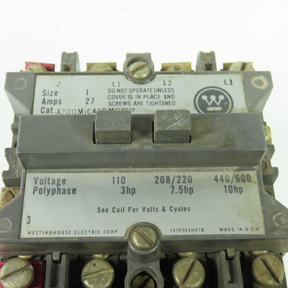 Westinhouse A200MICACD Size 1 Motor Starter 10HP 27A 120V Coil