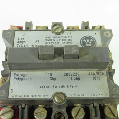 Westinhouse A200MICACD Size 1 Motor Starter 10HP 27A 120V Coil
