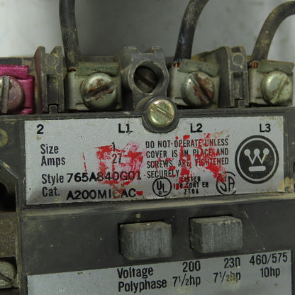 Westinghouse 765A840G01 10HP Size 1 Reversing Contactor 120V Coil W/ 277A534GO1