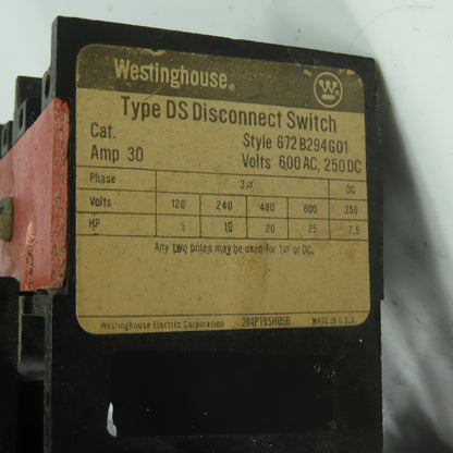 Westinghouse 672B294G01 3-Pole Type DS Disconnect Switch 600VAC 250VDC 7.5HP