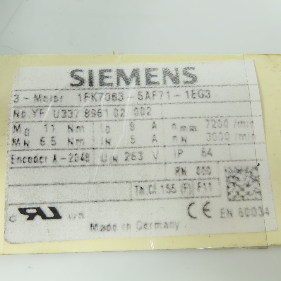 Siemens 1FK7063-5AF71-1EG3 3-Ph Servo Motor 263V 3000/7200 RPM W/ Encoder
