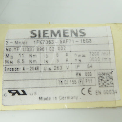Siemens 1FK7063-5AF71-1EG3 3-Ph Servo Motor 263V 3000/7200 RPM W/ Encoder