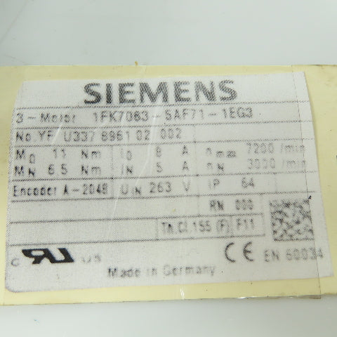 Siemens 1FK7063-5AF71-1EG3 3-Ph Servo Motor 263V 3000/7200 RPM W/ Encoder