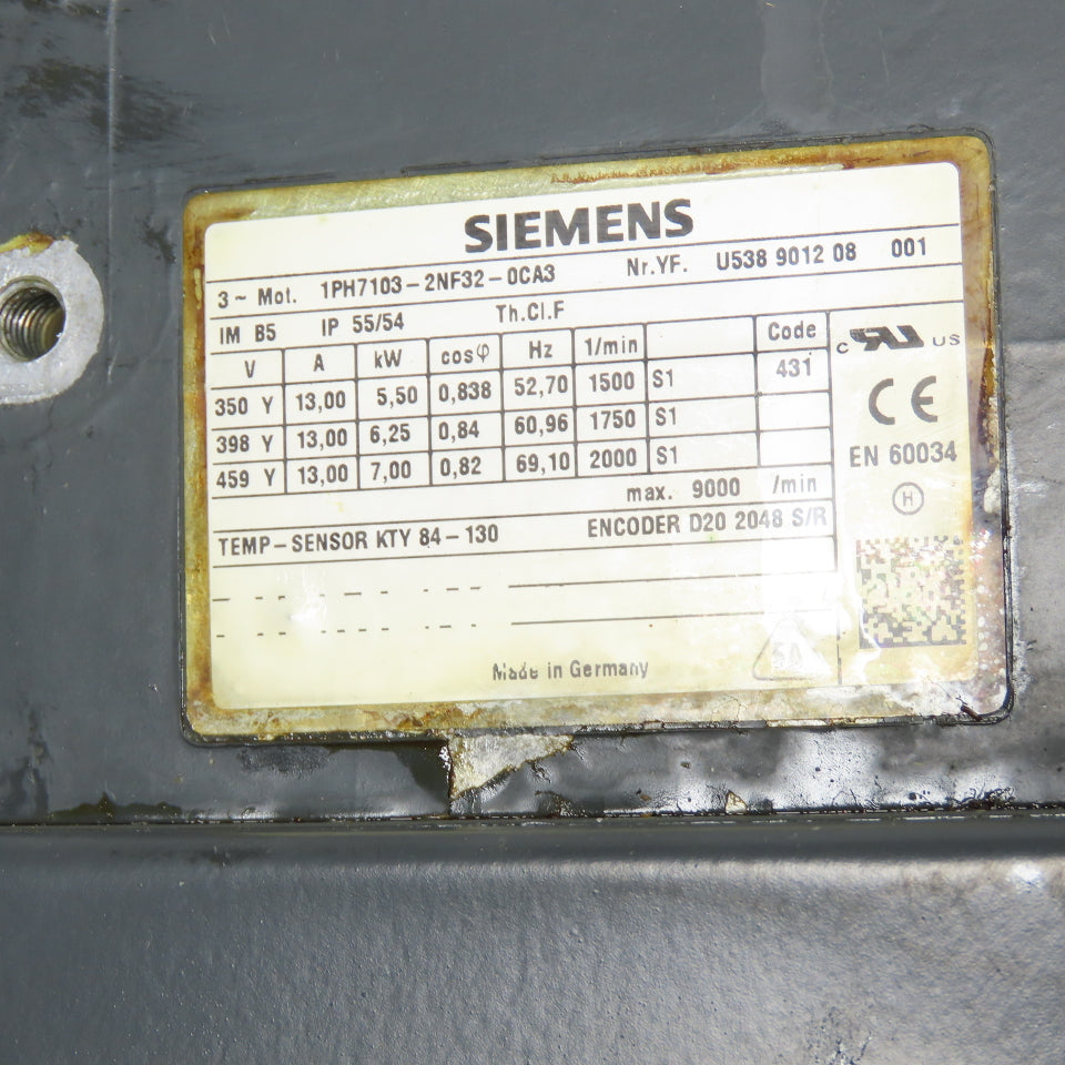 Siemens 1PH7103-2NF32-0CA3 3-Ph Servo Motor 5.5-7.0Kw 2000RPM 13A W/ Encoder