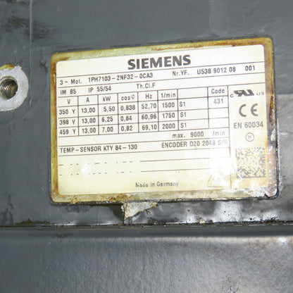 Siemens 1PH7103-2NF32-0CA3 3-Ph Servo Motor 5.5-7.0Kw 2000RPM 13A W/ Encoder