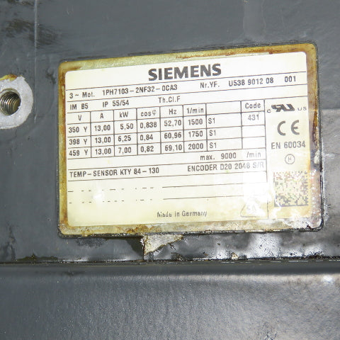 Siemens 1PH7103-2NF32-0CA3 3-Ph Servo Motor 5.5-7.0Kw 2000RPM 13A W/ Encoder