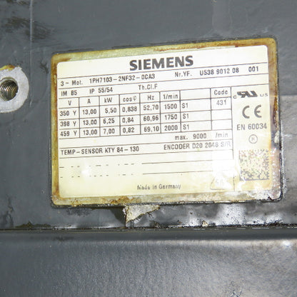 Siemens 1PH7103-2NF32-0CA3 3-Ph Servo Motor 5.5-7.0Kw 2000RPM 13A W/ Encoder