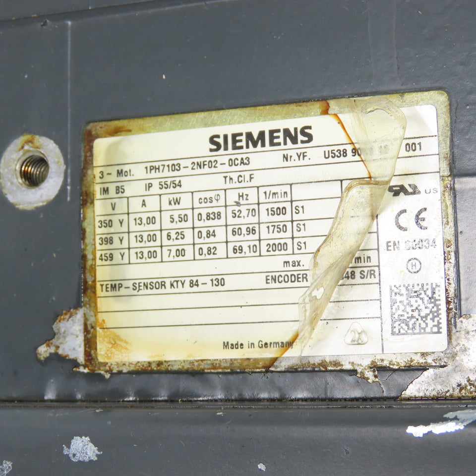 Siemens 1PH7103-2NF02-0CA3 3-Ph Servo Motor 5.5-7.0Kw 2000RPM 13A W/ Encoder