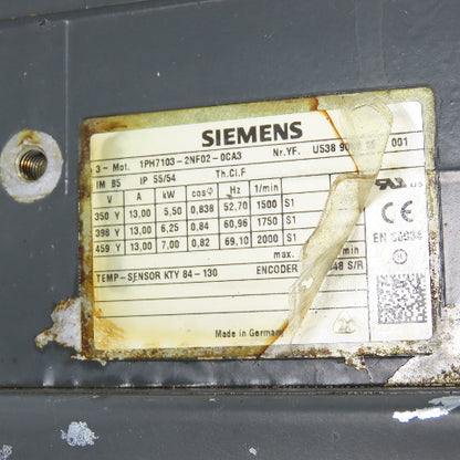 Siemens 1PH7103-2NF02-0CA3 3-Ph Servo Motor 5.5-7.0Kw 2000RPM 13A W/ Encoder