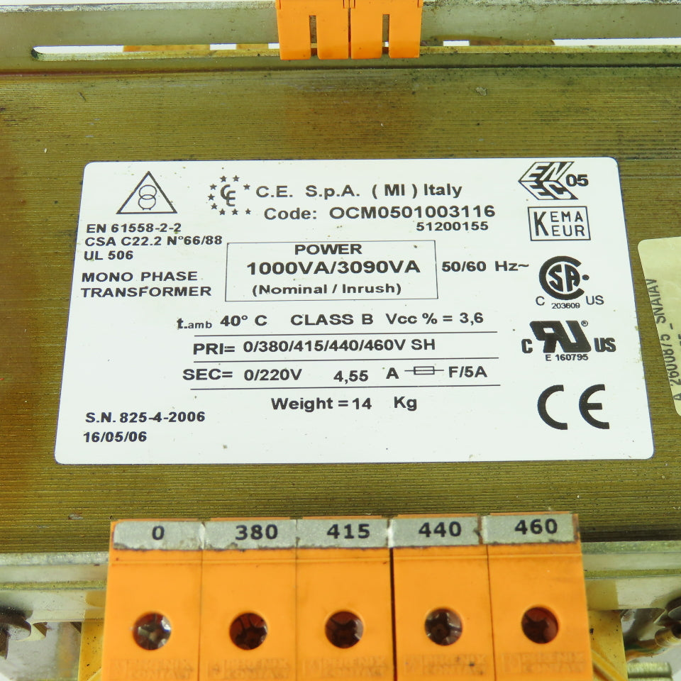 C.E. S.p.A OCM0501003116 1Ph Transformer 380-460V Pri 1000VA 220V Sec