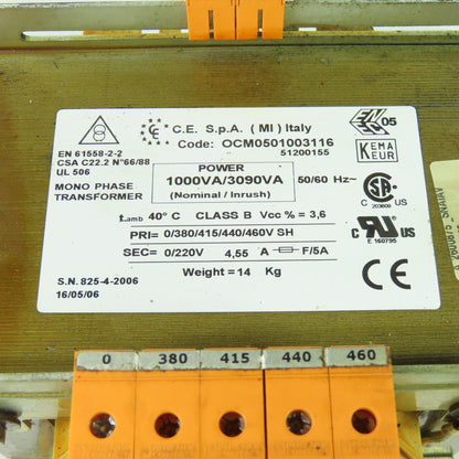 C.E. S.p.A OCM0501003116 1Ph Transformer 380-460V Pri 1000VA 220V Sec