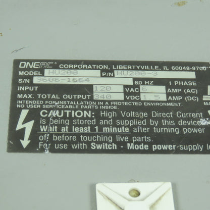 OneAC HU200-3 HU200 340VDC 1.5A Ride-Through Power Source 120VAC 6A Input