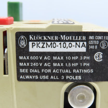 Klockner-Moeller PKZM0-10,0-NA Manual Motor Starter 600V 10Hp 3Ph 6-10A Trip
