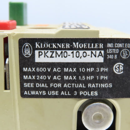 Klockner-Moeller PKZM0-10,0-NA Manual Motor Starter 600V 10Hp 3Ph 6-10A Trip