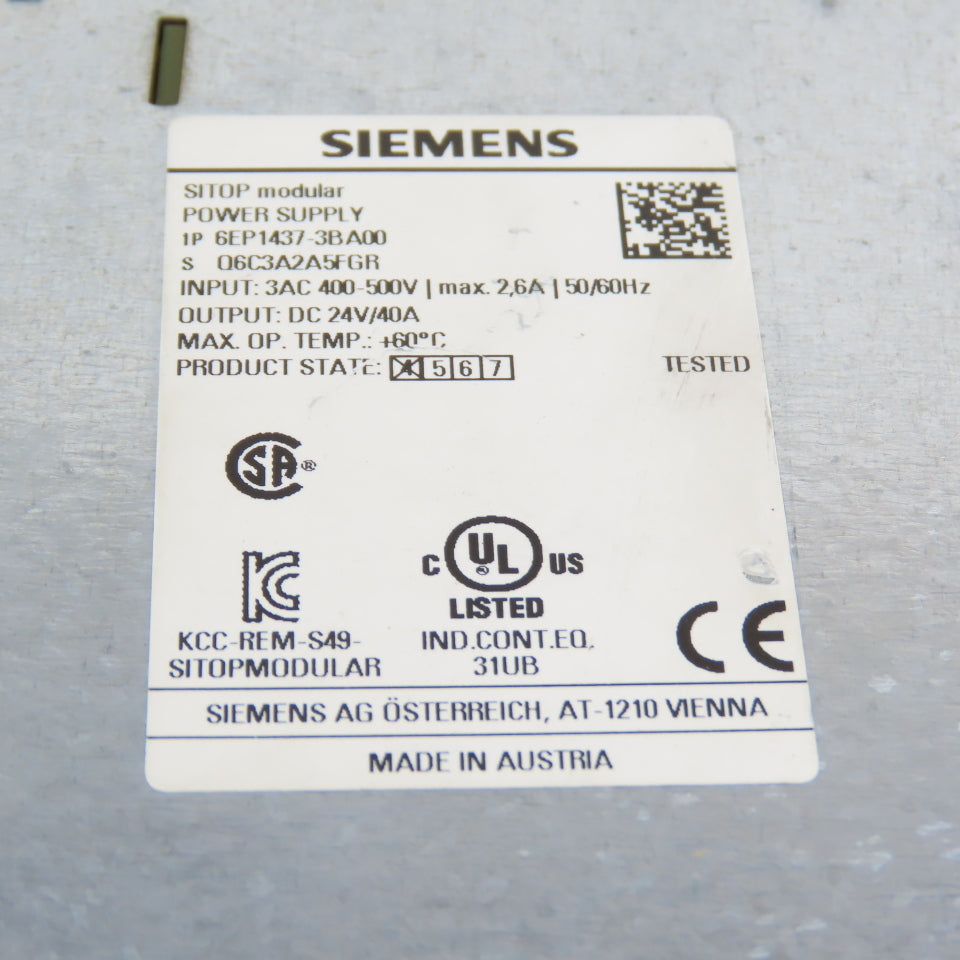 Siemens 6EP1437-3BA00 24V DC 40A Power Supply 400-500VAC 3PH Input PARTS/REPAIR